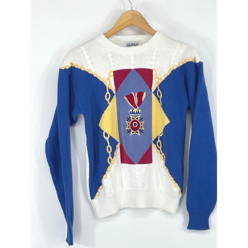 Vintage Aurea‎ Womens Sweater S Crewneck Blue White Crest Graphic Cotton Preppy